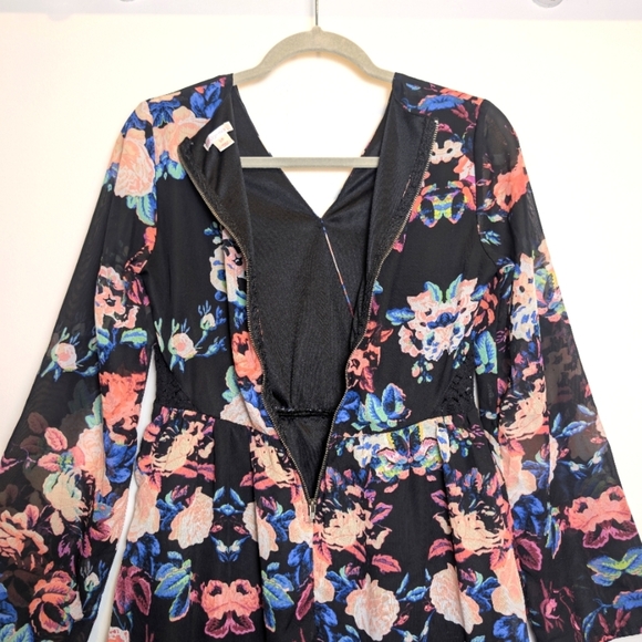 Xhilaration Black Pink Blue Floral Sheer Long Sleeve Dress Small - Picture 5 of 9